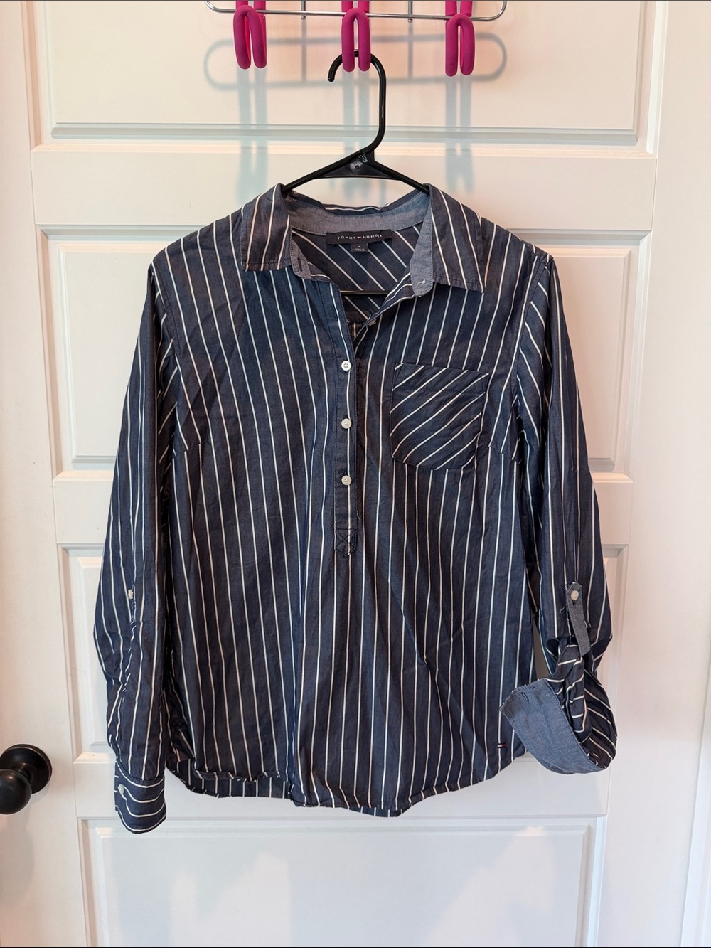 Men's Navy Blue Striped Button-Front Shirt